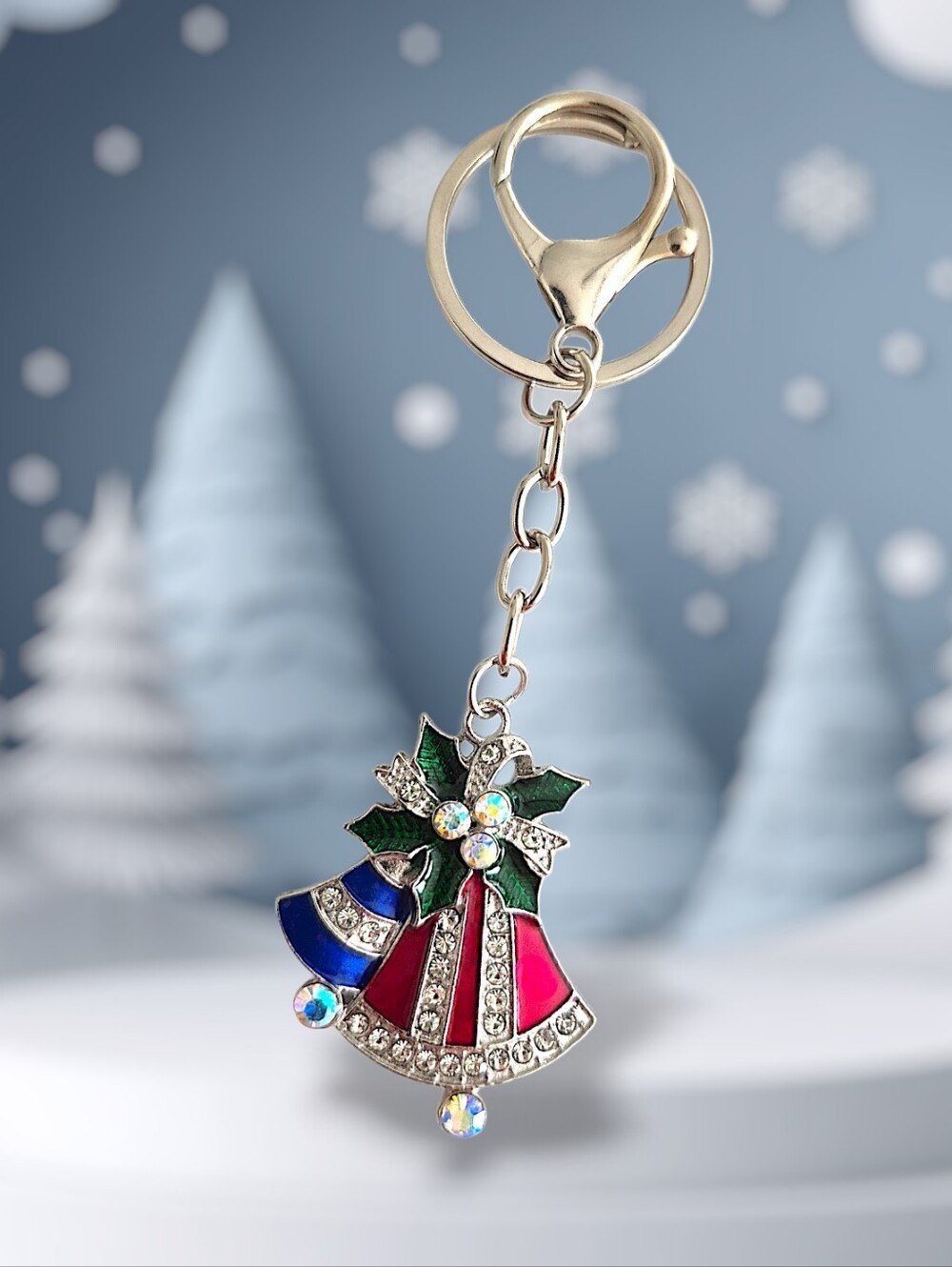 Silver Christmas Holly Bells Bag Charm / Keychain